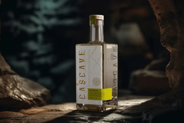 A bottle of Cascave Gin with intricate deboss detailing that resembles the rocky surfaces of Welsh caves, fluted and pressed foils glinting like mineral deposits, set against a palette inspired by the natural colors of the Brecon Beacons.