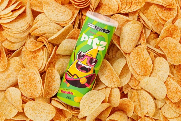 Vibrant Pitz snack packaging featuring a lively green and light color theme with engaging illustrations, capturing the essence of Brazilian energy and flavor.