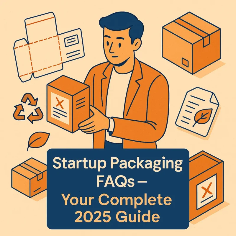 An isometric-style visual showing a startup founder holding a product box, surrounded by packaging elements like dielines, labels, and eco icons. Text overlay: “Startup Packaging FAQs – Your Complete 2025 Guide