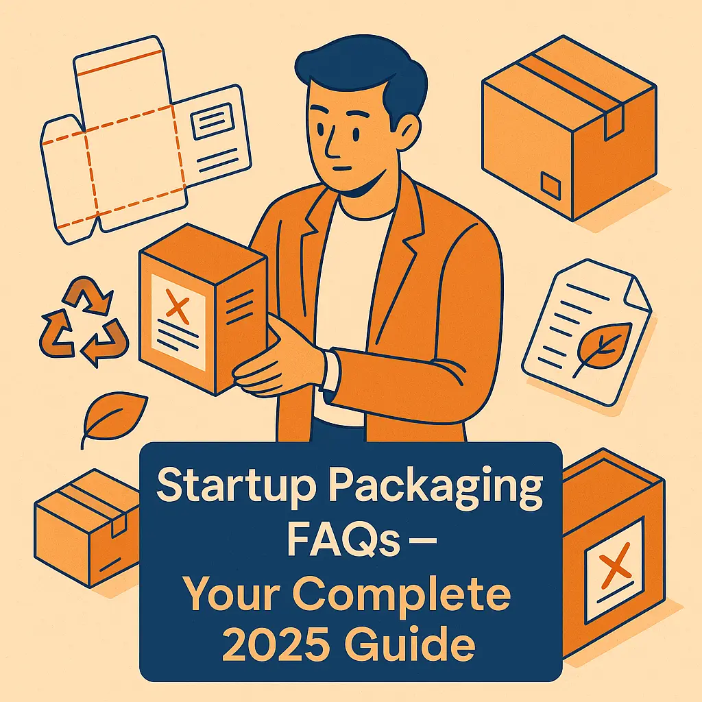 An isometric-style visual showing a startup founder holding a product box, surrounded by packaging elements like dielines, labels, and eco icons. Text overlay: “Startup Packaging FAQs – Your Complete 2025 Guide