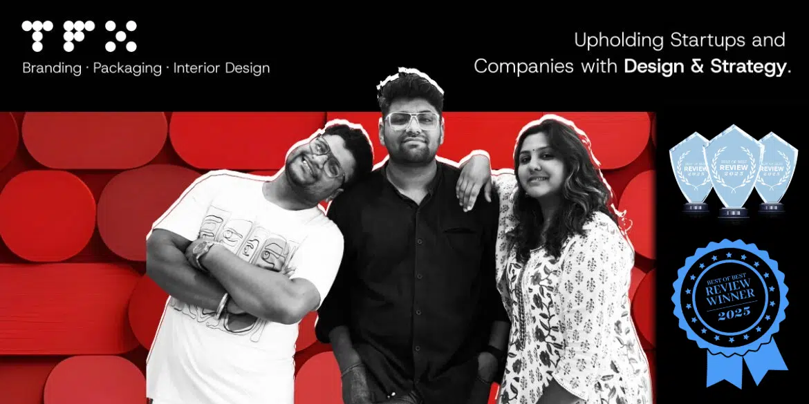 Professional team photo of The Factor X (TFX), a branding, packaging, and interior design agency based in Indore. The image features the three core team members against a bold, red geometric background. Text highlights their mission: 'Upholding Startups and Companies with Design & Strategy.
