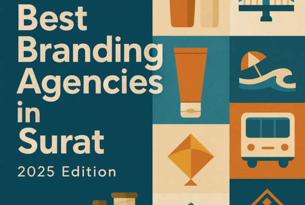 Square 1080×1080 featured image for “Best Branding Agencies in Surat – 2025 Edition” by The Factor X, with bold title on a teal panel and a 3×3 grid of Surat cues on the right including a diamond-inspired motif, textile spool and bobbin, cable-stayed bridge, Dumas Beach umbrella and waves, BRTS bus, and packaging icons, in a warm teal, orange, and beige palette optimized for branding and packaging design SEO.
