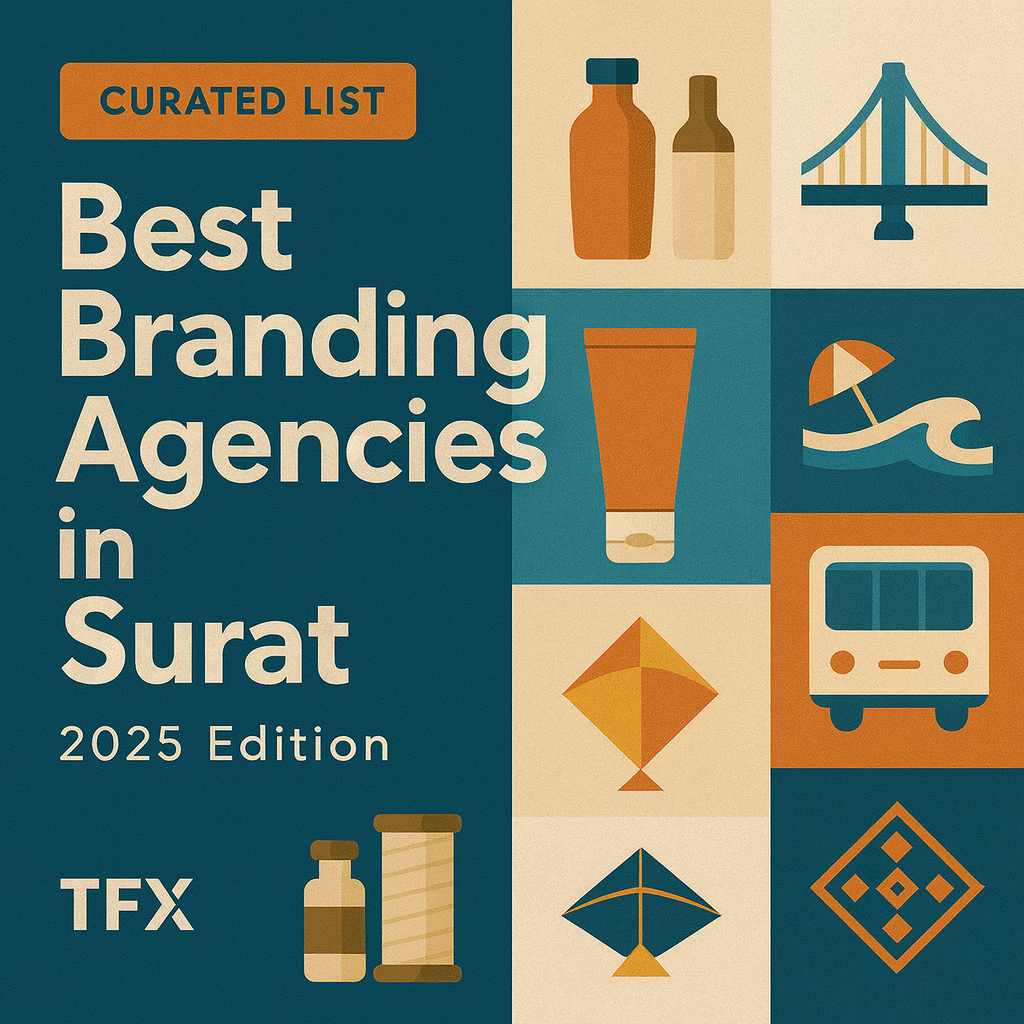 Square 1080×1080 featured image for “Best Branding Agencies in Surat – 2025 Edition” by The Factor X, with bold title on a teal panel and a 3×3 grid of Surat cues on the right including a diamond-inspired motif, textile spool and bobbin, cable-stayed bridge, Dumas Beach umbrella and waves, BRTS bus, and packaging icons, in a warm teal, orange, and beige palette optimized for branding and packaging design SEO.