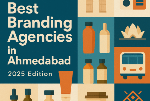 Flat-style digital illustration titled “Best Branding Agencies in Ahmedabad – 2025 Edition” featuring bold typography on the left and a grid of icons on the right, including packaging bottles, coffee cup, abstract motifs, and city-inspired visuals, in a warm teal, orange, and beige palette.