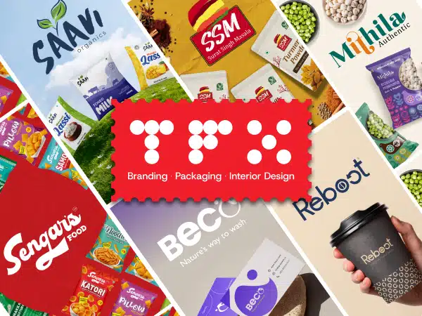 A vibrant portfolio collage from The Factor X (TFX), an Indore-based branding and packaging design agency. The image showcases a diverse range of successful client projects, including logos and packaging for food brands like Saavi Organics, SSM Masala, and Sengaris Food. The TFX logo is featured in the center, highlighting their core services: Branding, Packaging, and Interior Design.