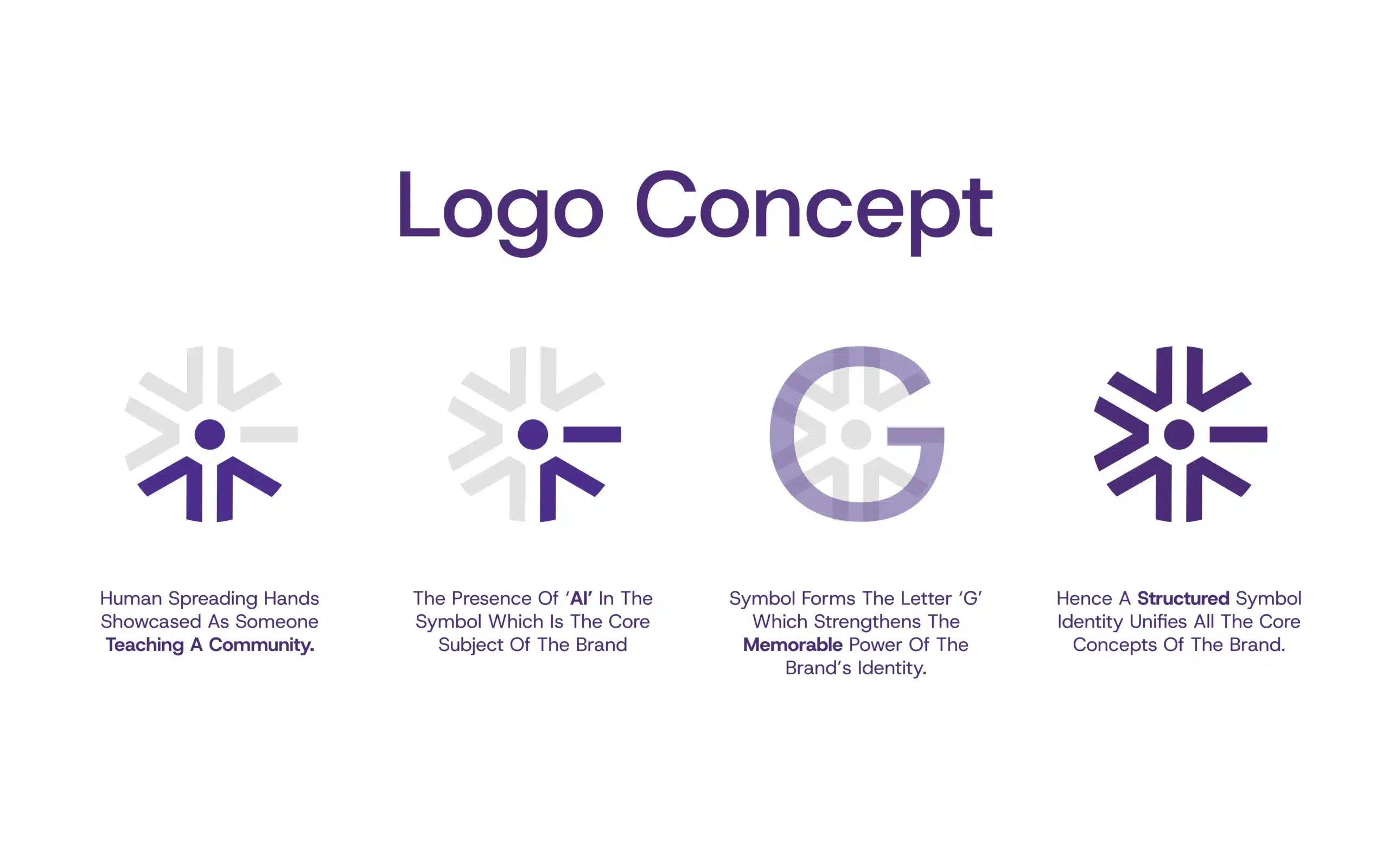 Logo concept sheet—radial “teacher” symbol forming ‘G’ and ‘AI’; brand identity design, modular mark, packaging-friendly icon system for Build with Gen AI.