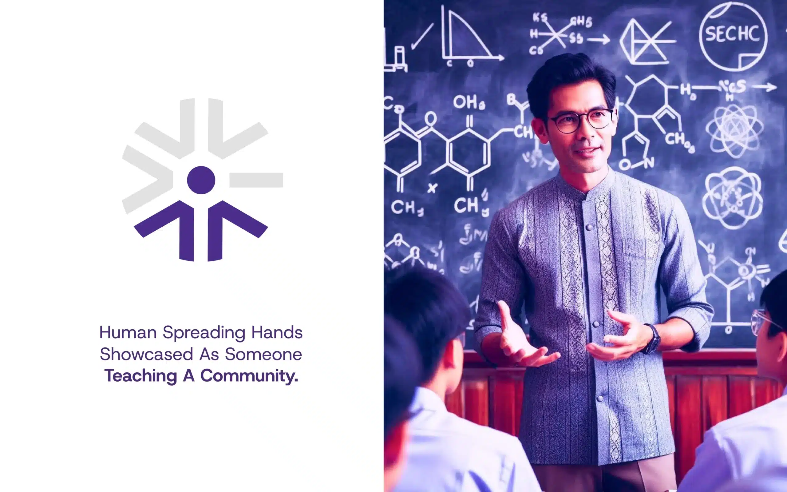 Human-centric educator mark with classroom visual; brand strategy and storytelling for scalable logo design across print, digital, and packaging applications.