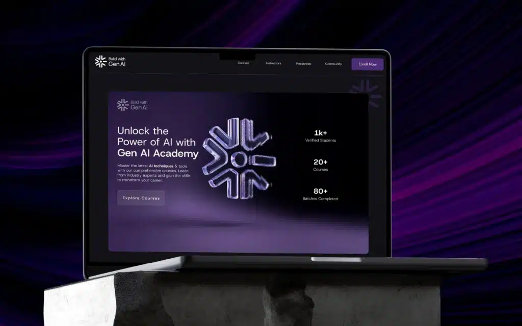 Gen AI Academy website mockup on a laptop, dark UI with glassmorphism brand icon, branding kit implementation by The Factor X, web design aligned with packaging design and brand guidelines.