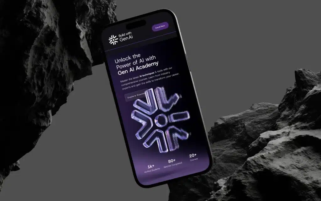 Mobile responsive Gen AI Academy homepage on smartphone, electric purple palette and brand icon, cohesive brand identity system for digital, print, and packaging design touchpoints.