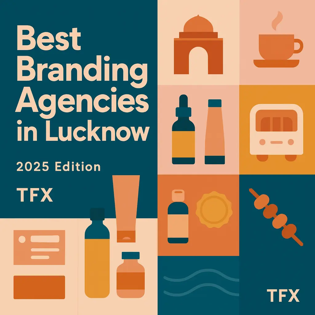 1080×1080 featured cover for “Best Branding Agencies in Lucknow – 2025 Edition” by The Factor X, with a bold title on a deep-teal panel and a 3×3 grid showing Lucknow cues and brand assets: Rumi Darwaza arch, kulhad chai, Lucknow Metro coach, chikankari-style motif, Gomti river waves, kebab skewer, plus packaging bottles, tubes, droppers, and a business-card layout in sandstone, terracotta, mustard and teal—optimized for branding and packaging design search.