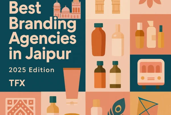 Square 1080×1080 Jaipur-themed featured image for “Best Branding Agencies in Jaipur - 2025 Edition” by The Factor X, with bold title on a teal panel and a 3×3 grid of branding and city icons on the right including Hawa Mahal silhouette, Jantar Mantar motif, peacock feather, kite, metro coach, block-print pattern, and packaging bottles and tubes in a Jaipur pink, terracotta, beige, and deep teal palette.