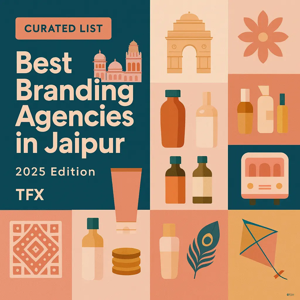 Square 1080×1080 Jaipur-themed featured image for “Best Branding Agencies in Jaipur - 2025 Edition” by The Factor X, with bold title on a teal panel and a 3×3 grid of branding and city icons on the right including Hawa Mahal silhouette, Jantar Mantar motif, peacock feather, kite, metro coach, block-print pattern, and packaging bottles and tubes in a Jaipur pink, terracotta, beige, and deep teal palette.