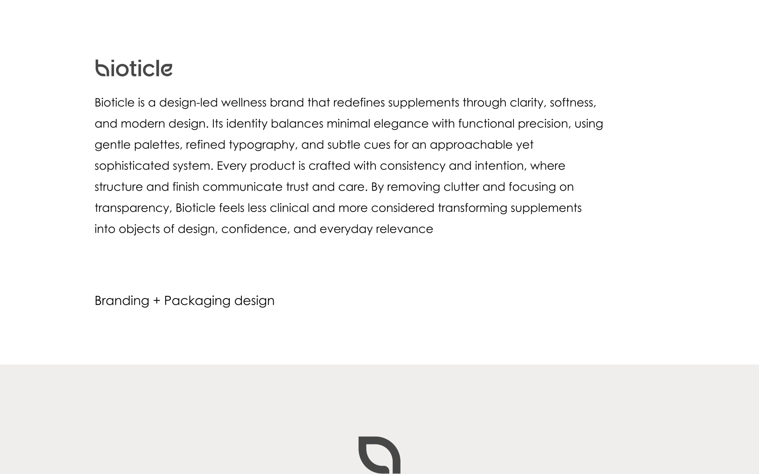 Bioticle brand introduction page with logo and description, wellness supplements positioned for clarity and trust, branding and packaging design case study.