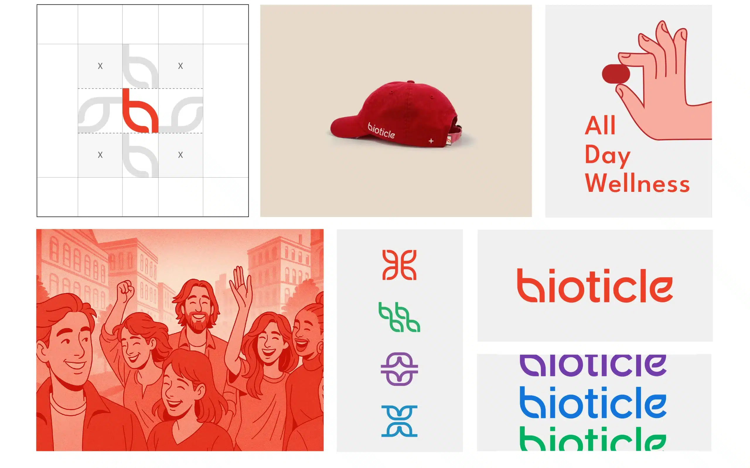 Bioticle visual identity collage with grid, red cap merch, All Day Wellness illustration, crowd art, product icons and wordmark, branding kit and packaging design system.