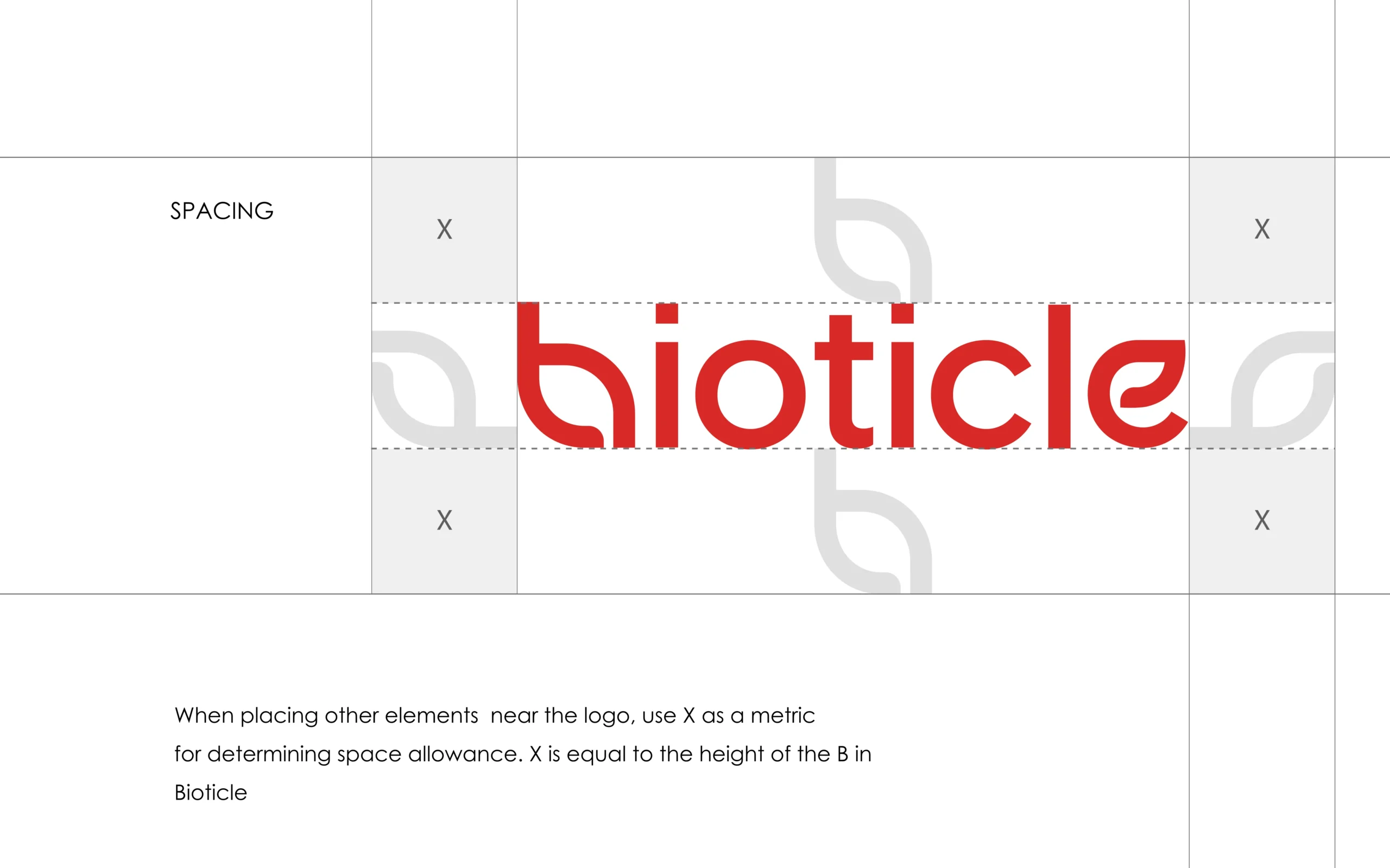 Bioticle logo clear space guide with X height grid, usage rules for consistent branding across labels, cartons, and packaging.