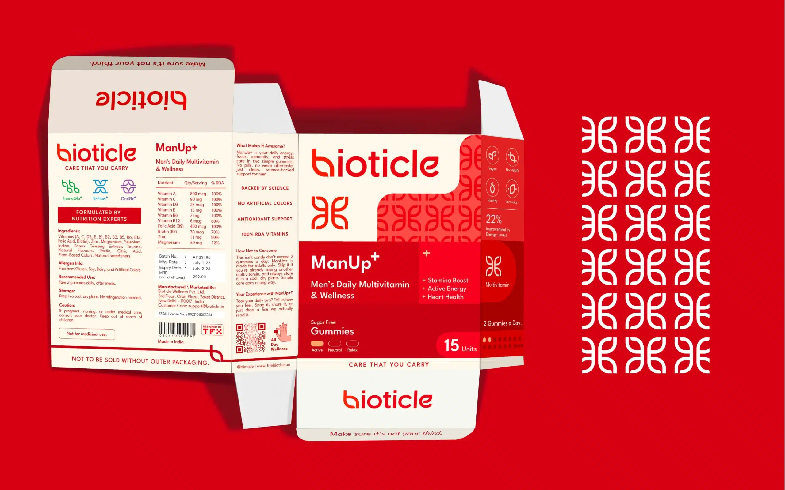 Bioticle ManUp plus gummies carton dieline on red, ingredients and claims panels, nutrition compliant supplements packaging design.