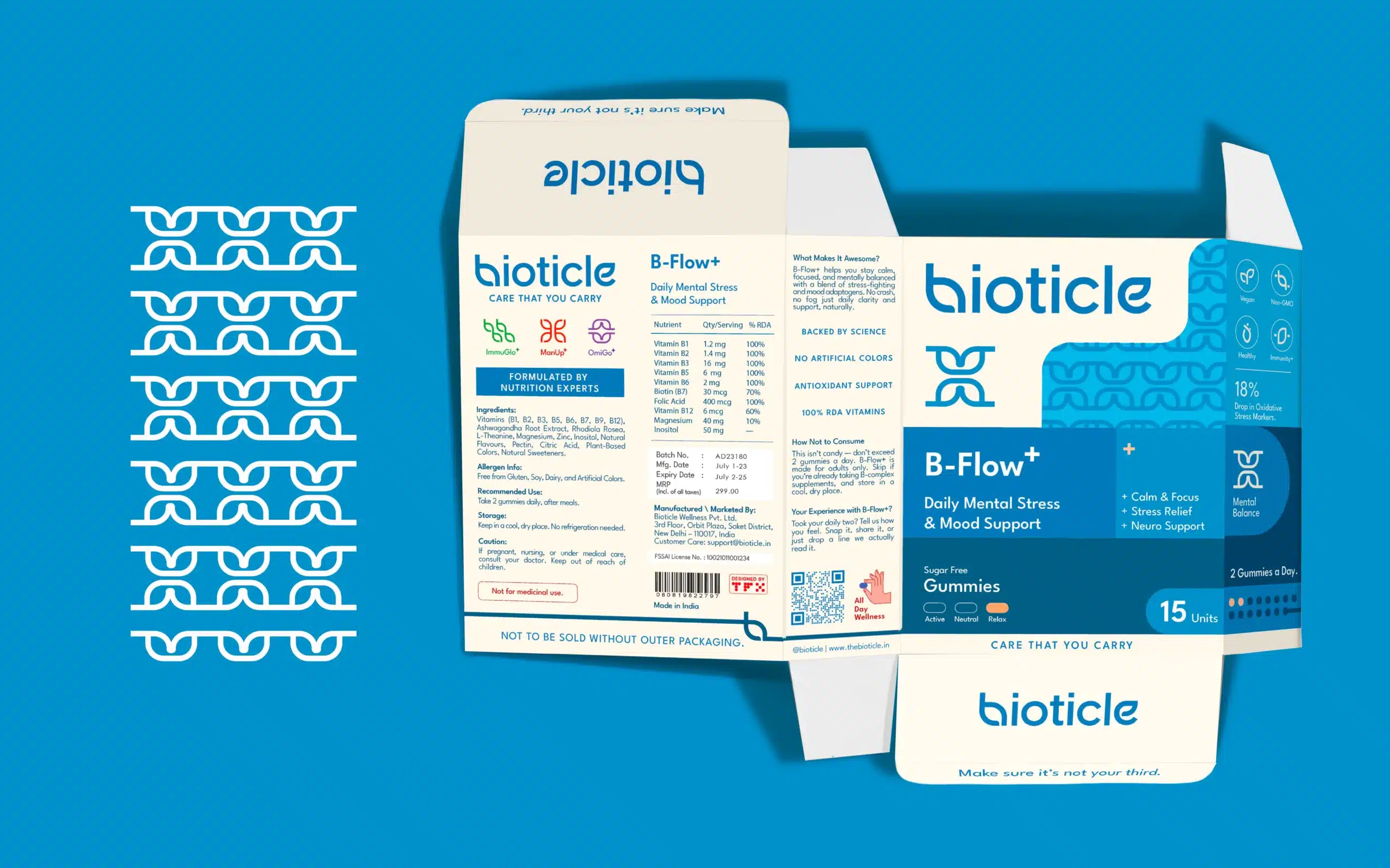 Bioticle B Flow plus gummies carton dieline on horizon blue, icon pattern and benefits, mental wellness packaging design for FMCG.