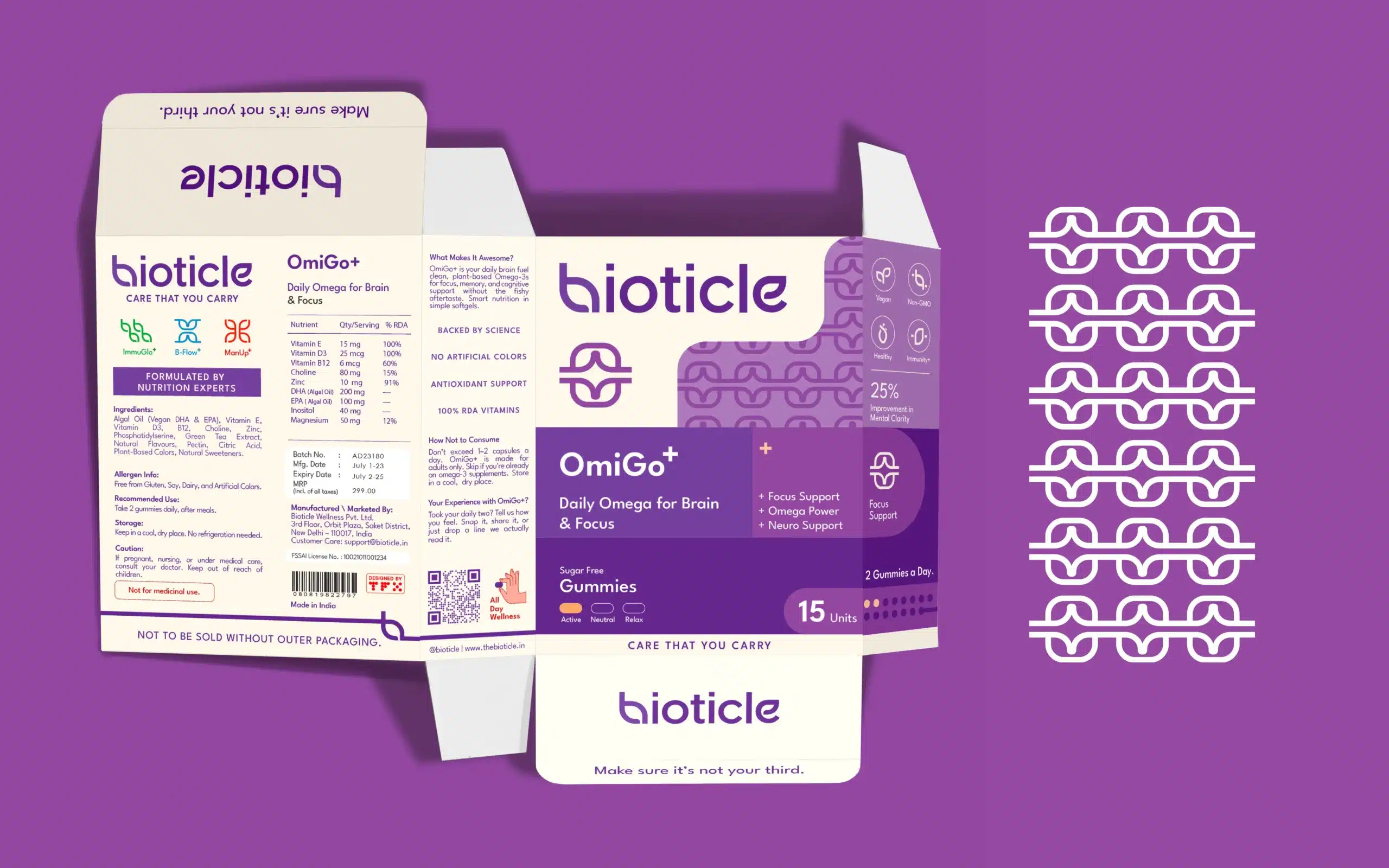 Bioticle OmiGo plus gummies carton dieline on purple, focus icon pattern and benefits, brain and focus supplement packaging design.