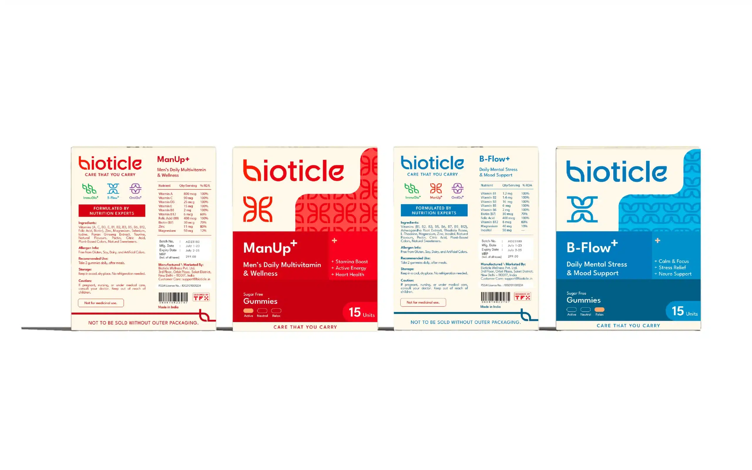 Bioticle gummies boxes front and back, ManUp+ in red and B-Flow+ in blue, clear claims and icons, FMCG branding and packaging design system.