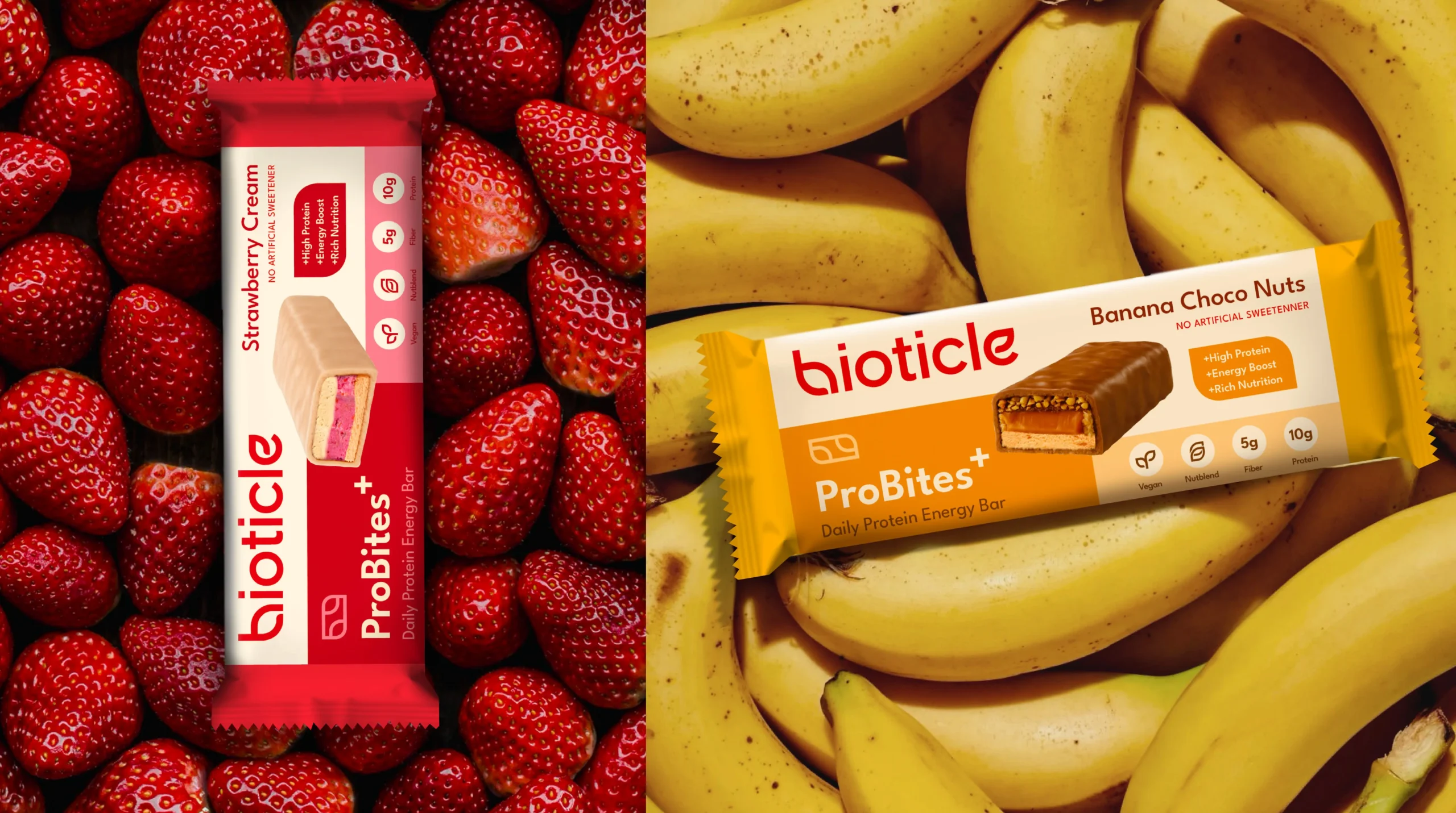 ProBites+ wrappers on ingredient backdrops, Strawberry Cream on strawberries and Banana Choco Nuts on bananas, flavor led branding and packaging design.