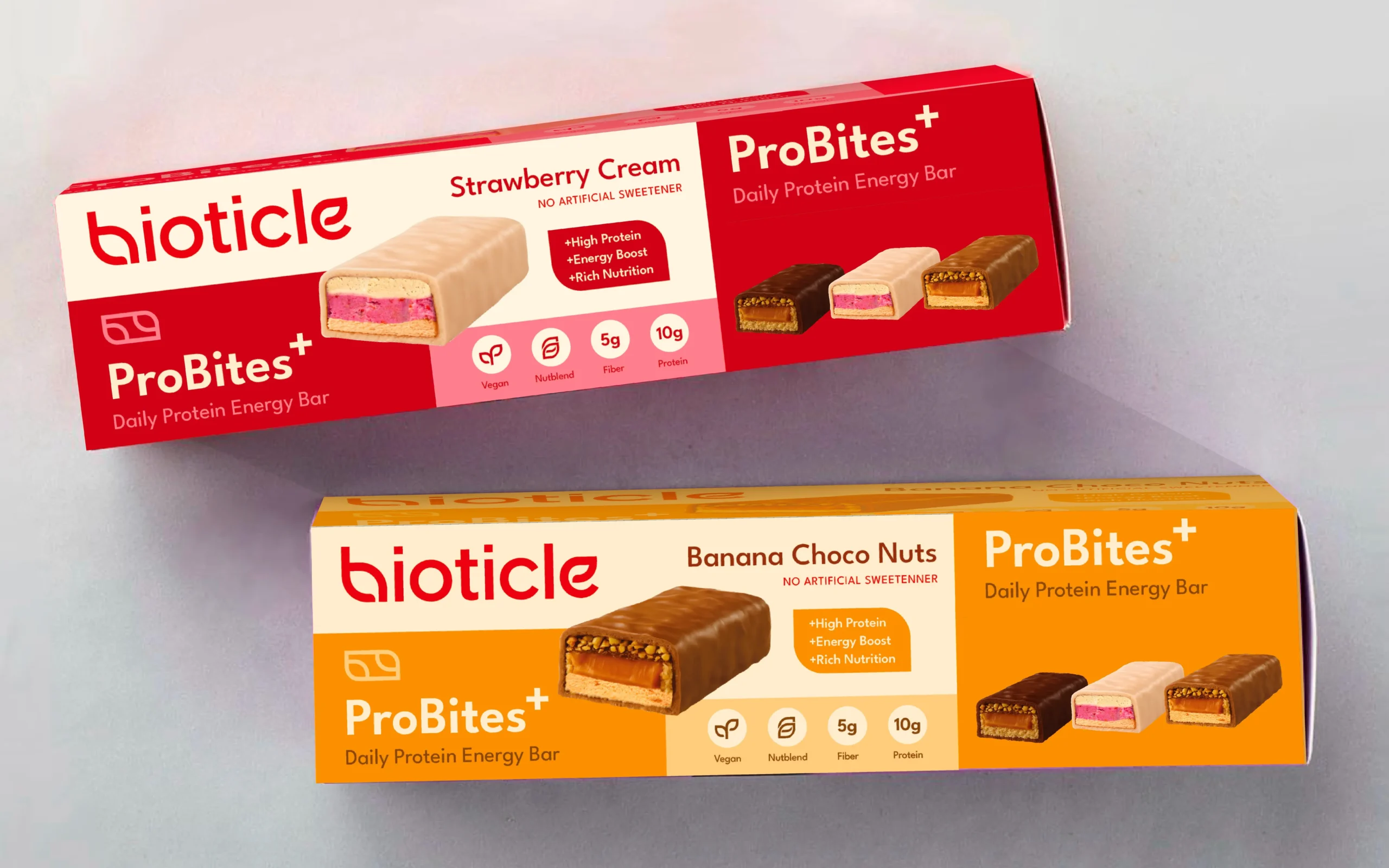 Bioticle ProBites+ protein bar packaging design - Strawberry Cream and Banana Choco Nuts boxes - FMCG branding mockup