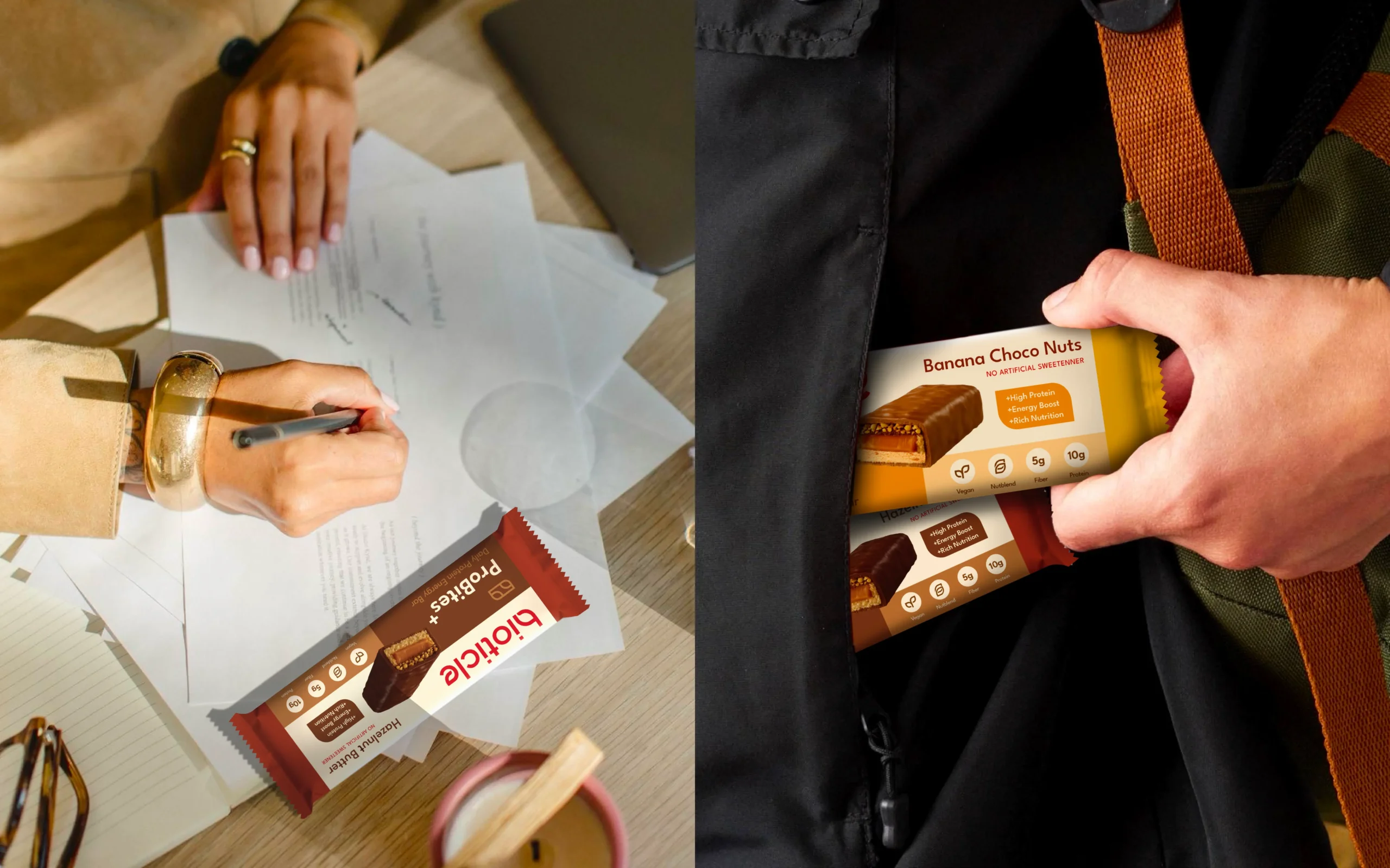 ProBites+ protein bar lifestyle - Hazelnut Butter on work desk and Banana Choco Nuts in backpack - packaging design and branding
