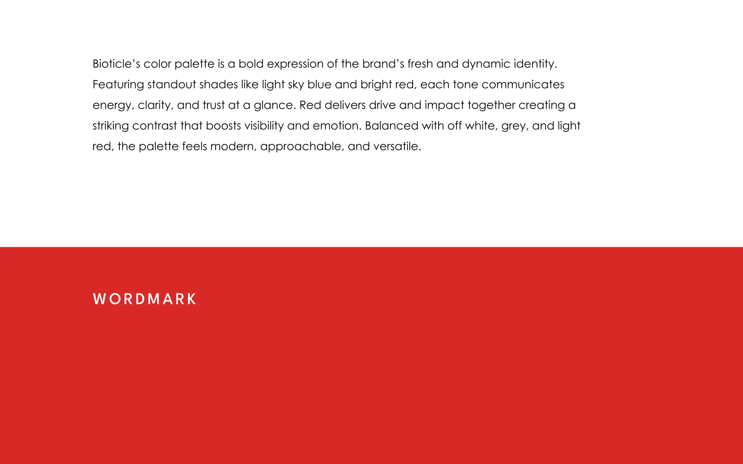 Bioticle palette rationale and Wordmark header on red, color strategy write up for supplements brand, branding guidelines supporting packaging system.
