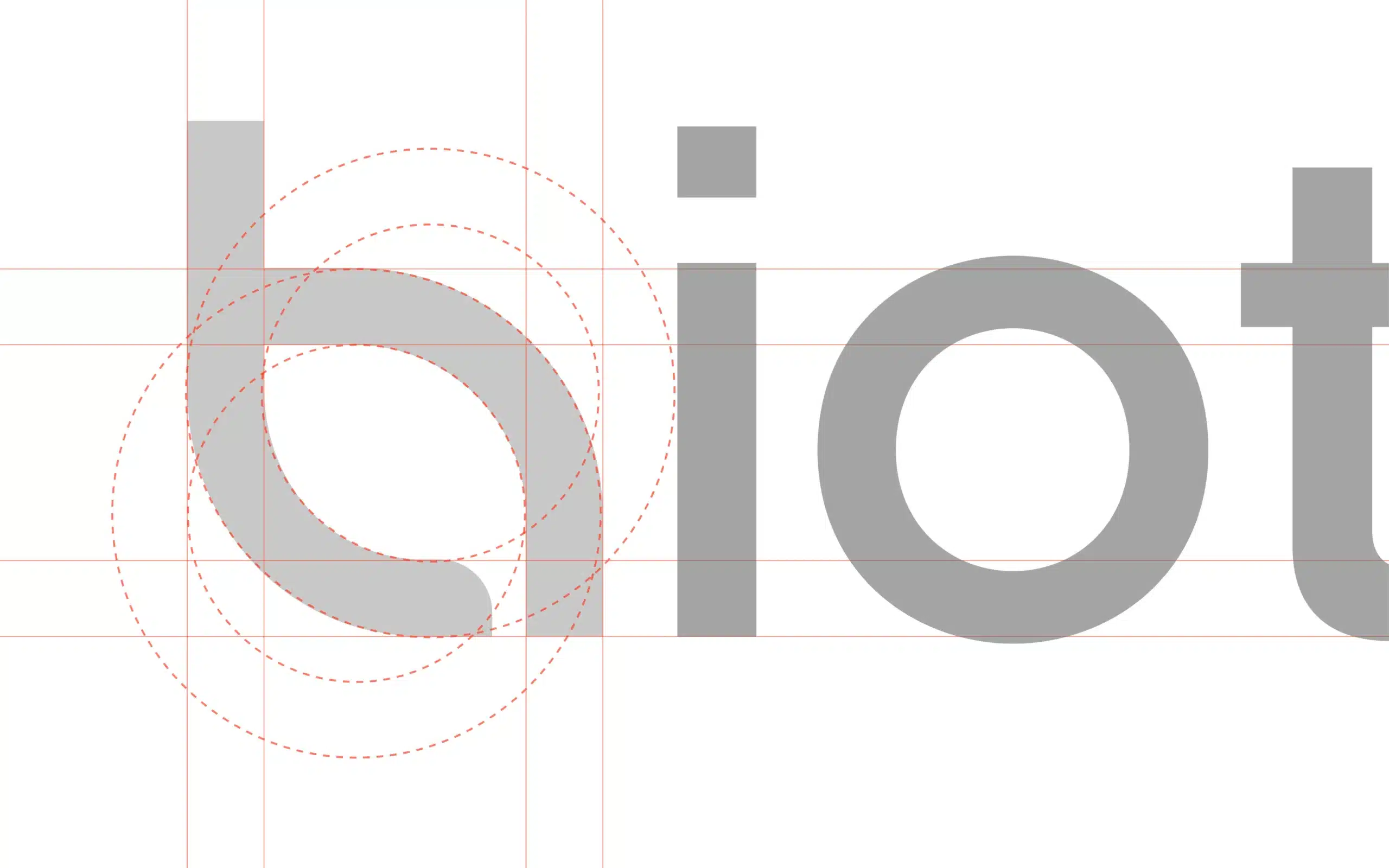 Bioticle wordmark construction grid with circles and guides, precise geometry for consistent logo usage across labels and packaging.