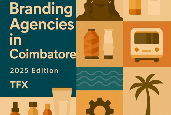 1080×1080 featured cover for “Best Branding Agencies in Coimbatore – 2025 Edition” by The Factor X, combining bold title on deep-teal with a grid of Coimbatore cues and brand assets: Adiyogi silhouette, spinning-mill cones and gear for the textile industry, TNSTC-style city bus, Siruvani river waves, Western Ghats hills, coconut tree, plus packaging bottles, tubes and droppers—palette of sandstone, terracotta, mustard and teal; optimized for branding and packaging design search.