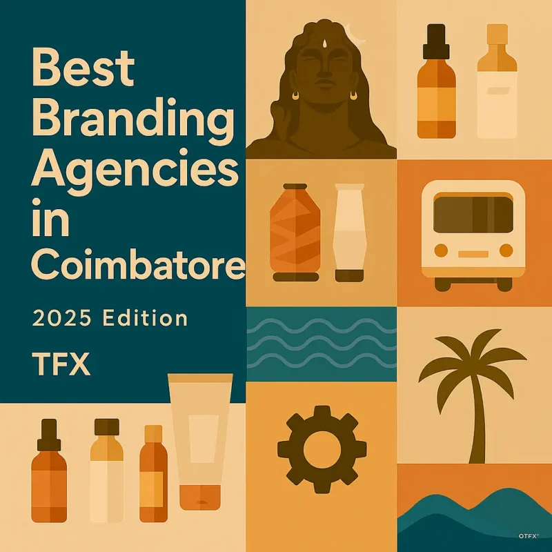 1080×1080 featured cover for “Best Branding Agencies in Coimbatore – 2025 Edition” by The Factor X, combining bold title on deep-teal with a grid of Coimbatore cues and brand assets: Adiyogi silhouette, spinning-mill cones and gear for the textile industry, TNSTC-style city bus, Siruvani river waves, Western Ghats hills, coconut tree, plus packaging bottles, tubes and droppers—palette of sandstone, terracotta, mustard and teal; optimized for branding and packaging design search.